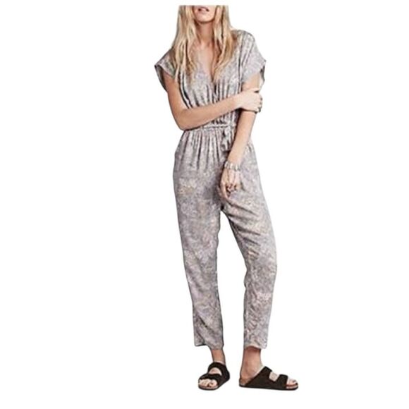Free People Universal Surplice Jumpsuit Taupe Combo Size small Gray Orange Print - Picture 1 of 9